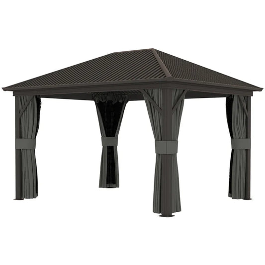 3.6m x 3m Dark Grey Hardtop Garden Gazebo with Aluminium Frame, Metal Roof, Privacy Curtains & Insect Mesh Panels