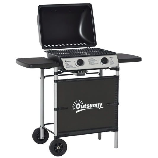 Outsunny 2 Burner Gas BBQ Trolley with Lid, 5.6 kW Gas Barbecue Grill with Wheels, Side Shelves for Home Patio Garden Party Outdoor Cooking, Black