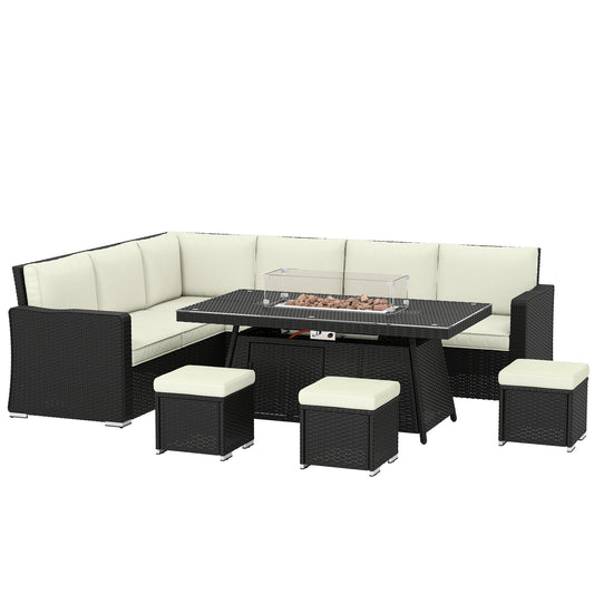 Outsunny 7 Pieces PE Rattan Garden Furniture Set, 50,000 BTU Gas Fire Pit Table, Black