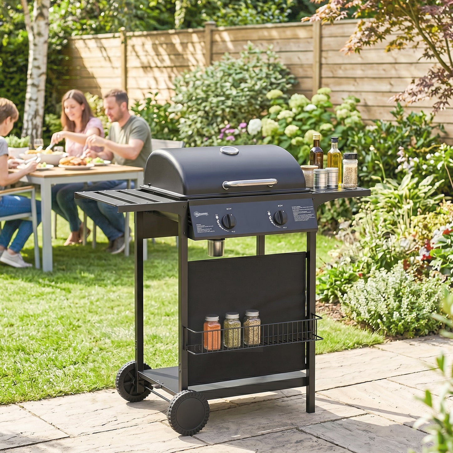 Outsunny Gas Burner Barbecue Grill, 2 Burner Gas Grill with Side Tables, Warming Rack, Shelf, Thermometer, Grease Tray, Black