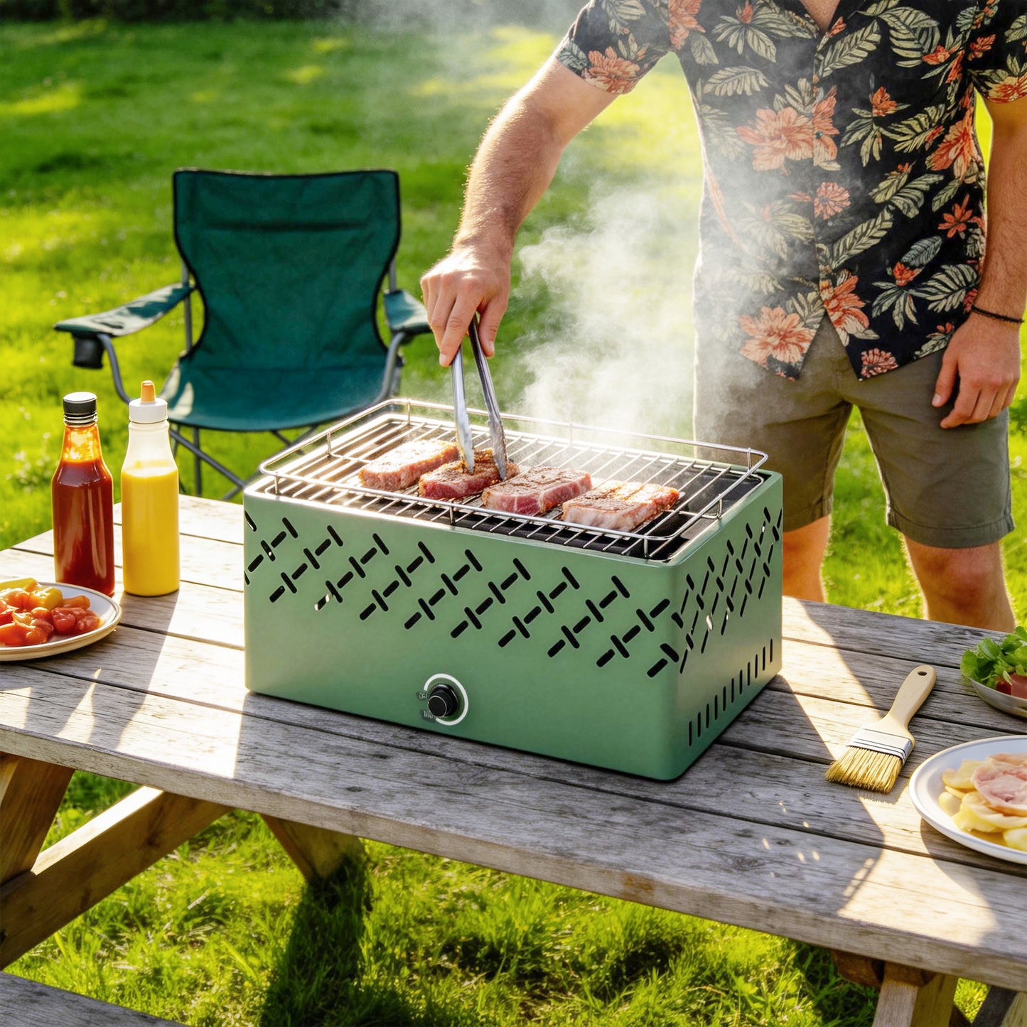Outsunny Portable Charcoal BBQ Grill, Battery Powered Barbecue Grill with Built-in Fan for Camping Picnic, Light Green
