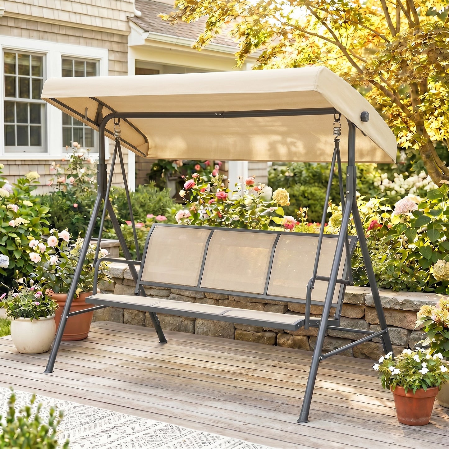Outsunny 3 Seater Swing Chair, Garden Swing Bench with Adjustable Tilting Canopy, Breathable Mesh Seat and Heavy Duty Steel Frame for Patio, Yard, Beige
