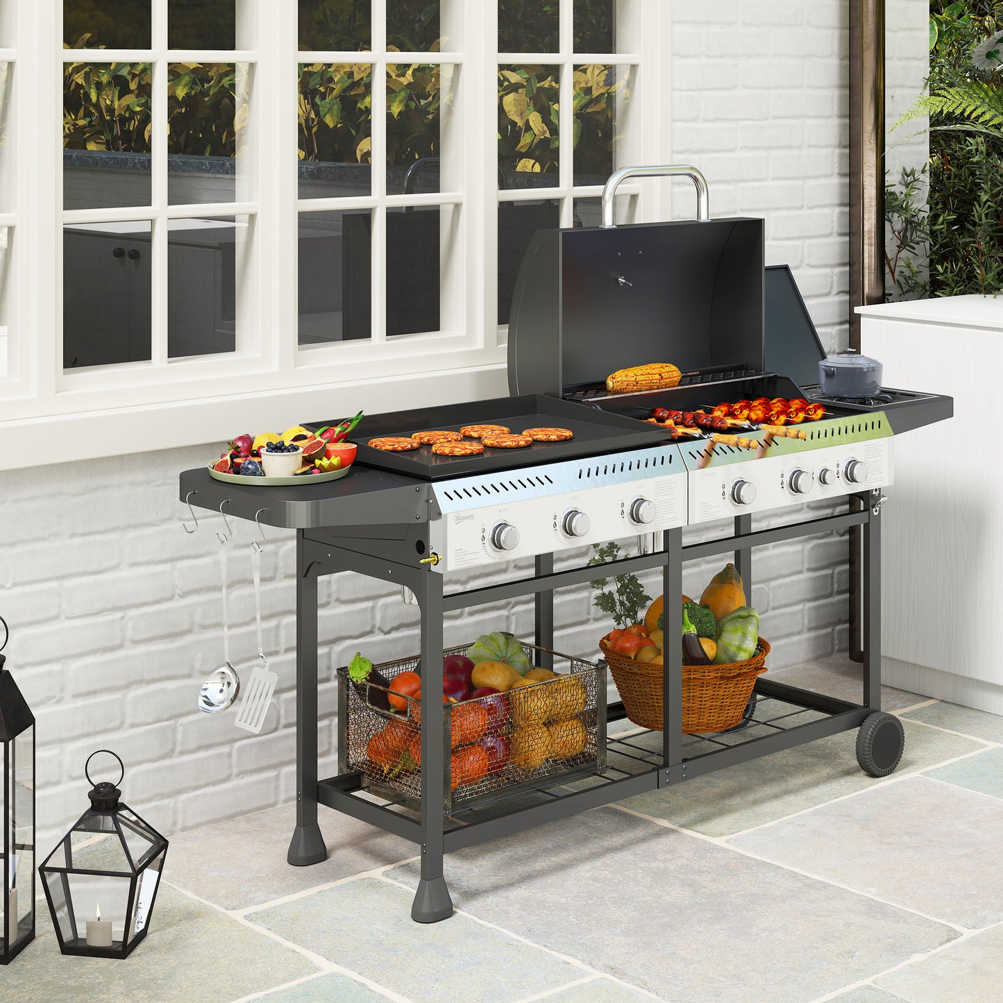 Outsunny 17kW Deluxe Duo Gas BBQ, with Grill, Plancha and Side Burner - Black
