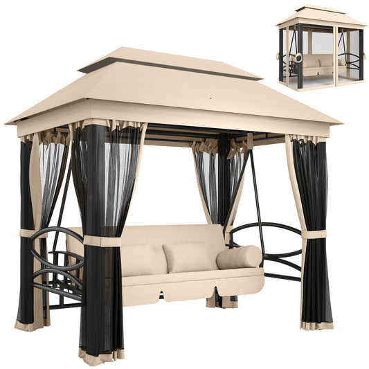 Outsunny 3 Seater Swing Chair 3-in-1 Convertible Garden Swing Seat Bed Gazebo Patio Bench Outdoor with Double Tier Canopy, Cushioned Seat, Mesh Sidewalls, Beige