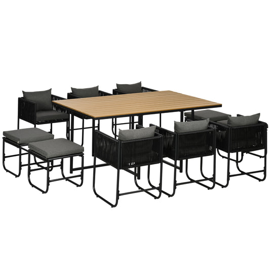 Outsunny 10 Seater Rattan Cube Garden Furniture Set with Wood Grain Plastic Top Table, Black