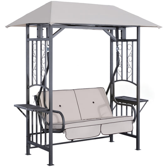 Outsunny Outdoor Garden 2 Seater Canopy Swing Chair Seat Porch Loveseat Vintage Hammock Cushioned Seat w/ Steel Frame and Side Drink Panel, Beige