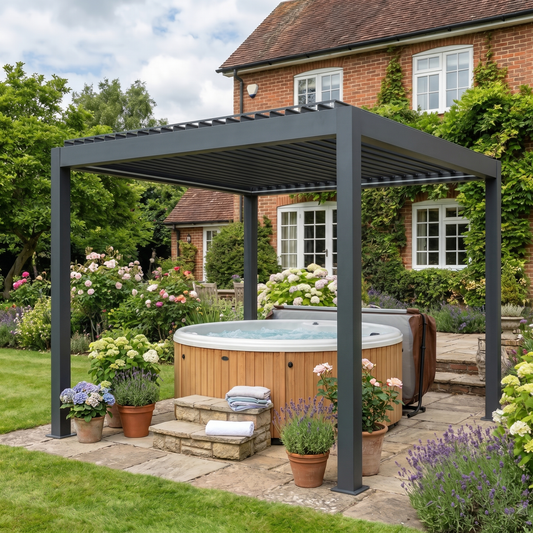3m x 3m Dark Grey Motorised Aluminium Pergola with Remote – Controlled Louvered Roof, LED Lighting & Integrated Rainwater Drainage System