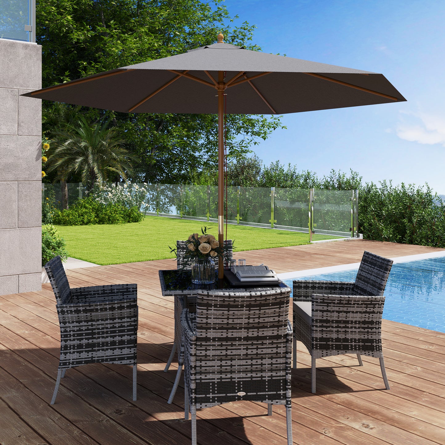 Outsunny 2.5m Wood Garden Parasol Sun Shade Patio Outdoor Wooden Umbrella Canopy, Table Market Umbrella with Vent, 38mm Pole, Rope Pulley Mechanism, Light Grey