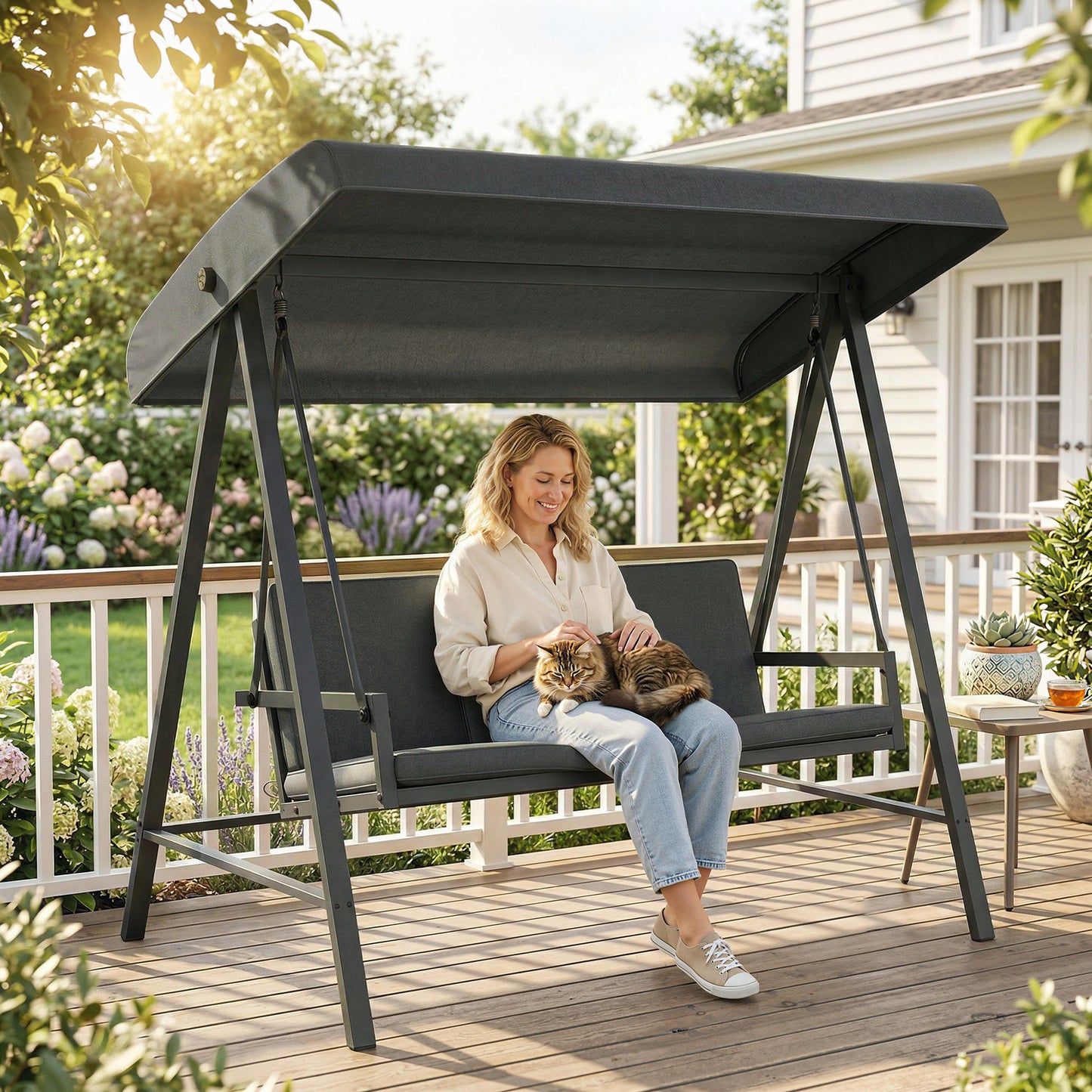 Outsunny Three-Seat Garden Swing Chair, with Adjustable Canopy - Dark Grey