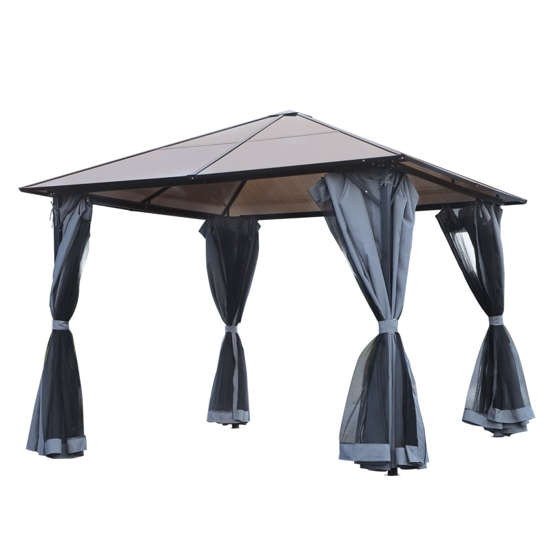4m x 3m Aluminium Garden Gazebo with Polycarbonate Hard Roof, Privacy Curtains & Mesh Sidewalls