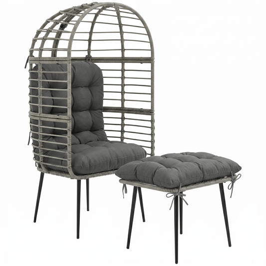 Outsunny Garden Egg Chair with Footstool, Rattan Indoor Outdoor Lounge Chair and Ottoman Set with Thick Cushions, Light Grey