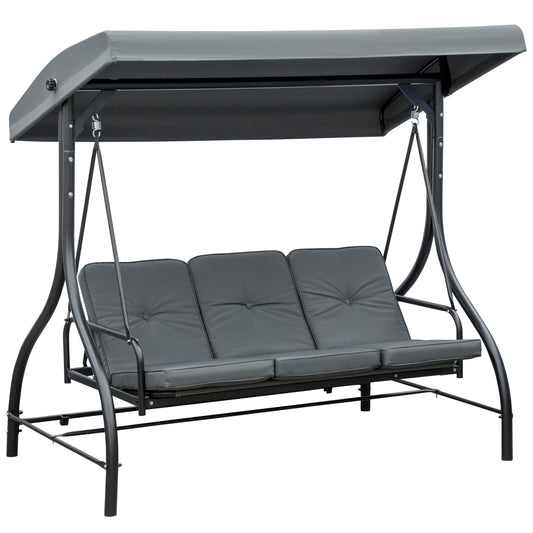 Outsunny 3 Seater Garden Swing Chair, 2 in 1 Convertible Patio Swing Seat Bed with Adjustable Canopy, Cushions and Metal Frame, Outdoor Hammock Bench Chair for Balcony, Terrace, Dark Grey