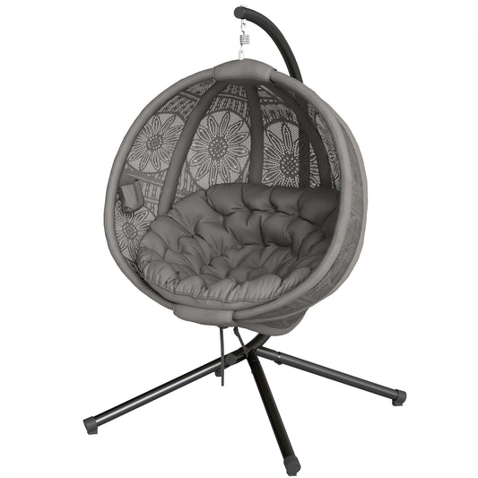 Outsunny Round Egg Basket Chair, with Steel Stand, Charcoal Grey