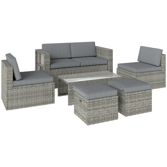 Outsunny 6 Piece Rattan Garden Furniture Set Loveseat, Chairs, Table, Footstools, Dark Grey
