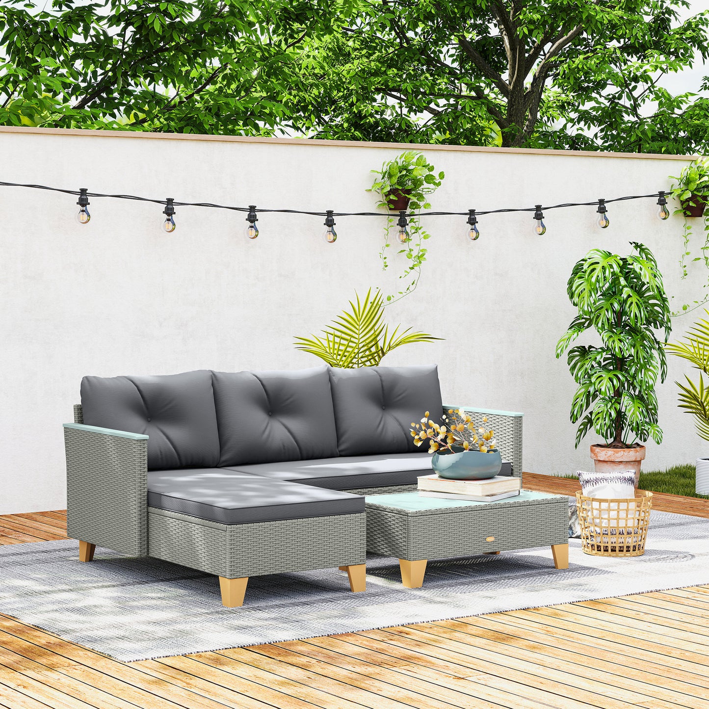 Outsunny 3 Pieces Rattan Garden Furniture Set, L Shaped Garden Conversation Chaise Lounge Furniture with Wood Top Coffee Table and Thick Cushions, Charcoal Grey