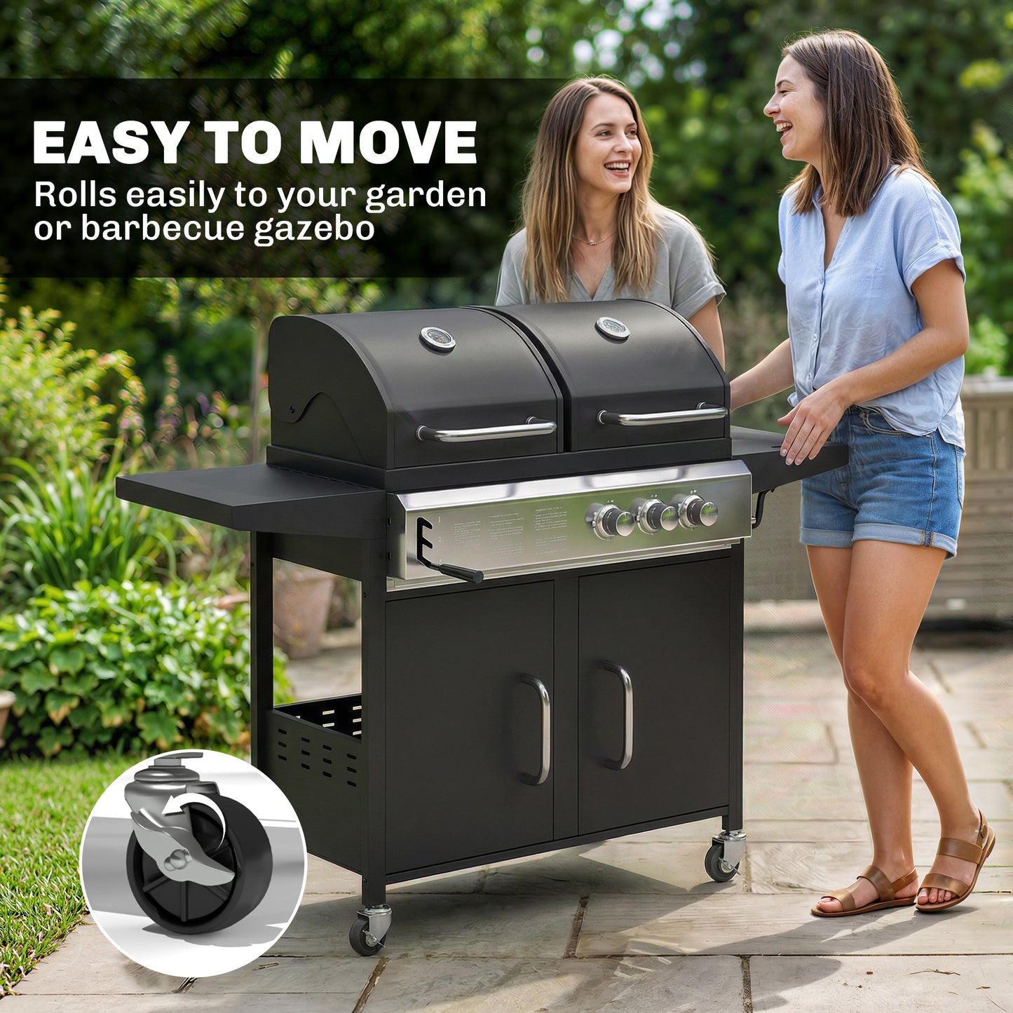 Outsunny 2+1 Burner Hybrid Dual Fuel BBQ Gas Grill, 2-in-1 Propane & Charcoal Barbecue Grill Smoker Combo with Wheels, Black