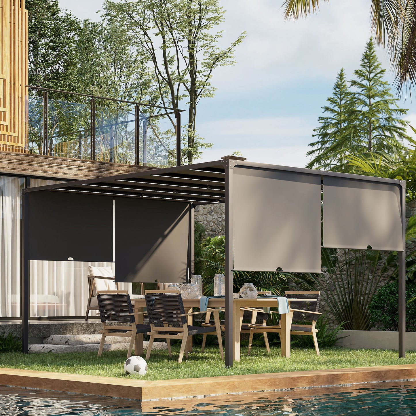 Outsunny 3(m) x 4m Metal Pergola with LED Lights, Outdoor Garden Pergola with Sliding Roof, Solar Powered, for BBQ, Lawn, Dark Grey