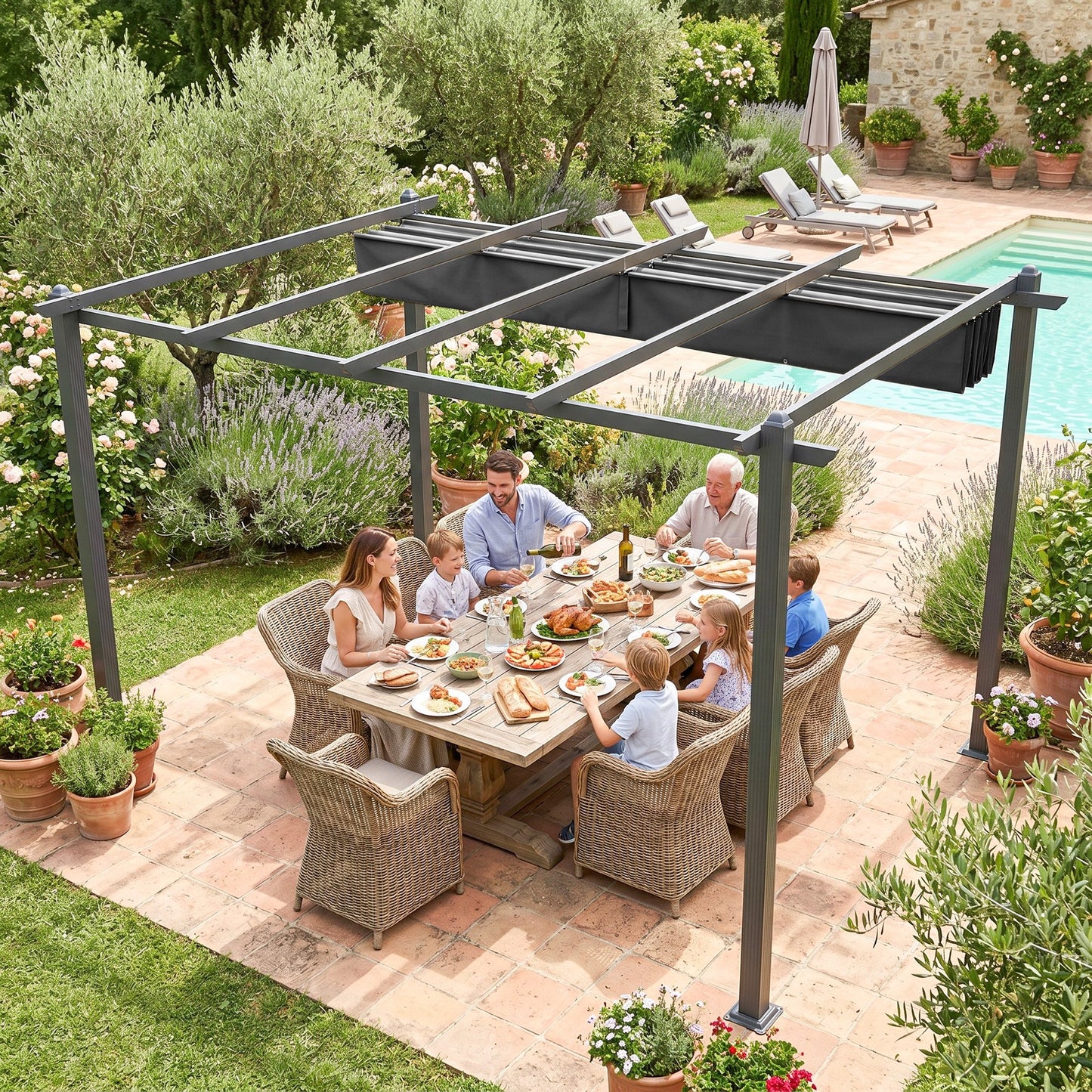 Outsunny 3 x 4m Aluminium Pergola, with Retractable Roof - Dark Grey