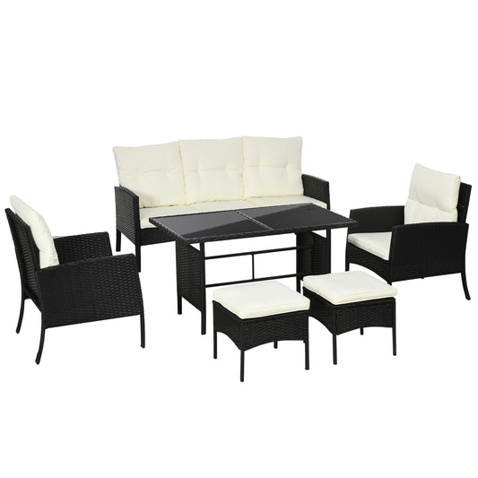 Outsunny 7 Seater Rattan Garden Furniture Set, 6 Piece Garden Dining Set, Armchairs, 3-Seater Sofa, Footstools, Glass Dining Table, Cushions, Wicker Outdoor Furniture for Conservatory Patio, Cream