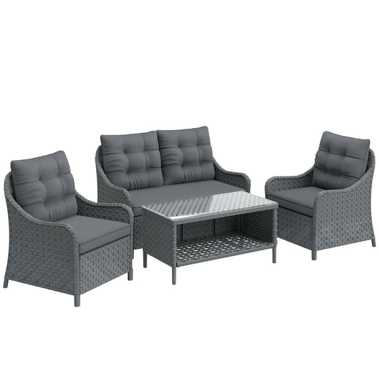 Outsunny 4-Piece Wicker Patio Furniture Set with 2 Armchairs, Loveseat, Glass Coffee Table, Conversation Sofa Set, Dark Grey