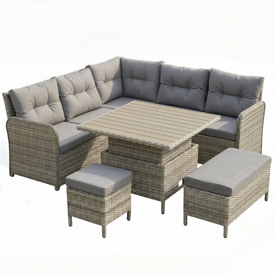 Outsunny 7 Seater Rattan Garden Furniture Set, 6 Piece Patio Dining Set with Liftable Coffee Table and Soft Padded Cushion, Wicker Sectional Conversation Corner Sofa, 123 x 55 x 84 cm, Grey