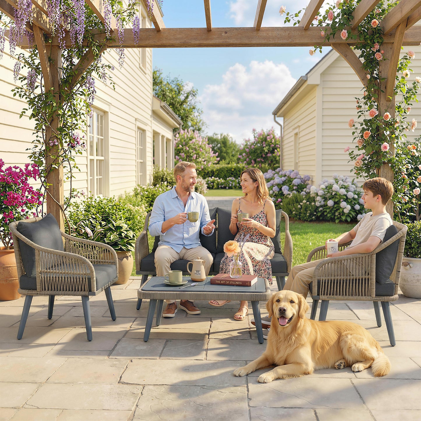 Outsunny 4 Piece Rattan Garden Furniture Set with Loveseat, Wicker Patio Conversation Set, Grey