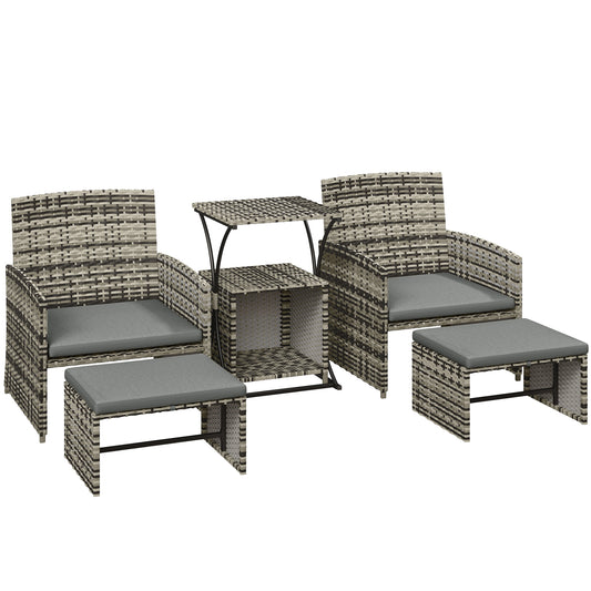 Outsunny 6 Piece Rattan Garden Furniture, Space-Saving Patio Furniture Set with Nesting Tables, Chairs, Stools, Cushions, Grey