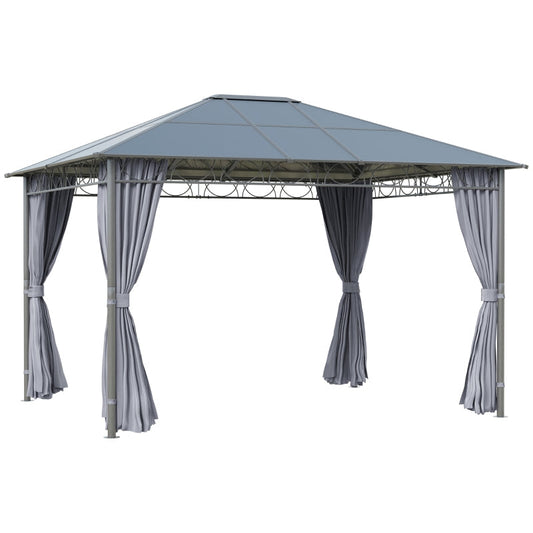 3.6m x 3m Grey Polycarbonate Hardtop Garden Gazebo with Privacy Curtains & Steel Frame