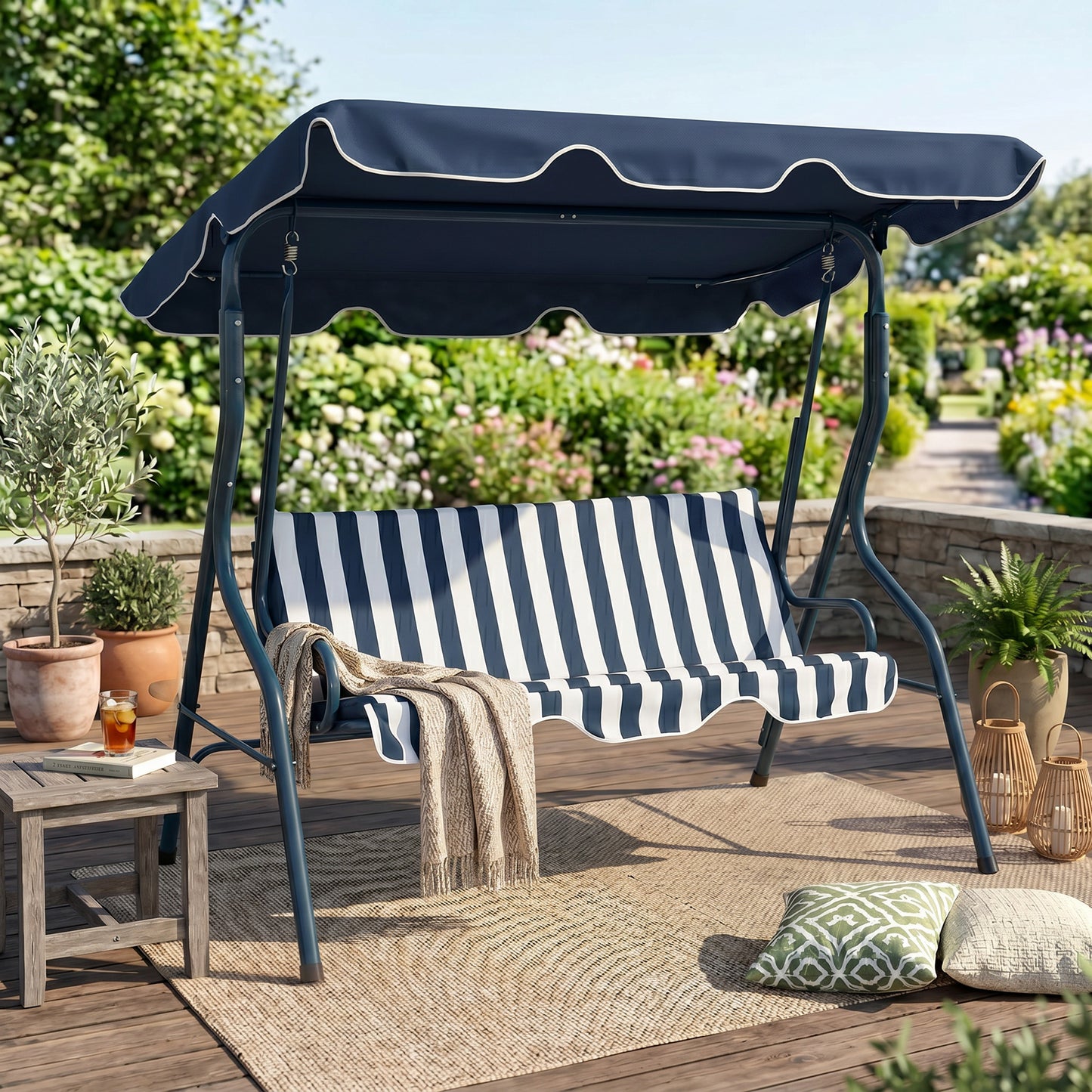 Outsunny 3 Seater Garden Swing Seat Chair Outdoor Bench with Adjustable Canopy and Metal Frame, Blue Stripes