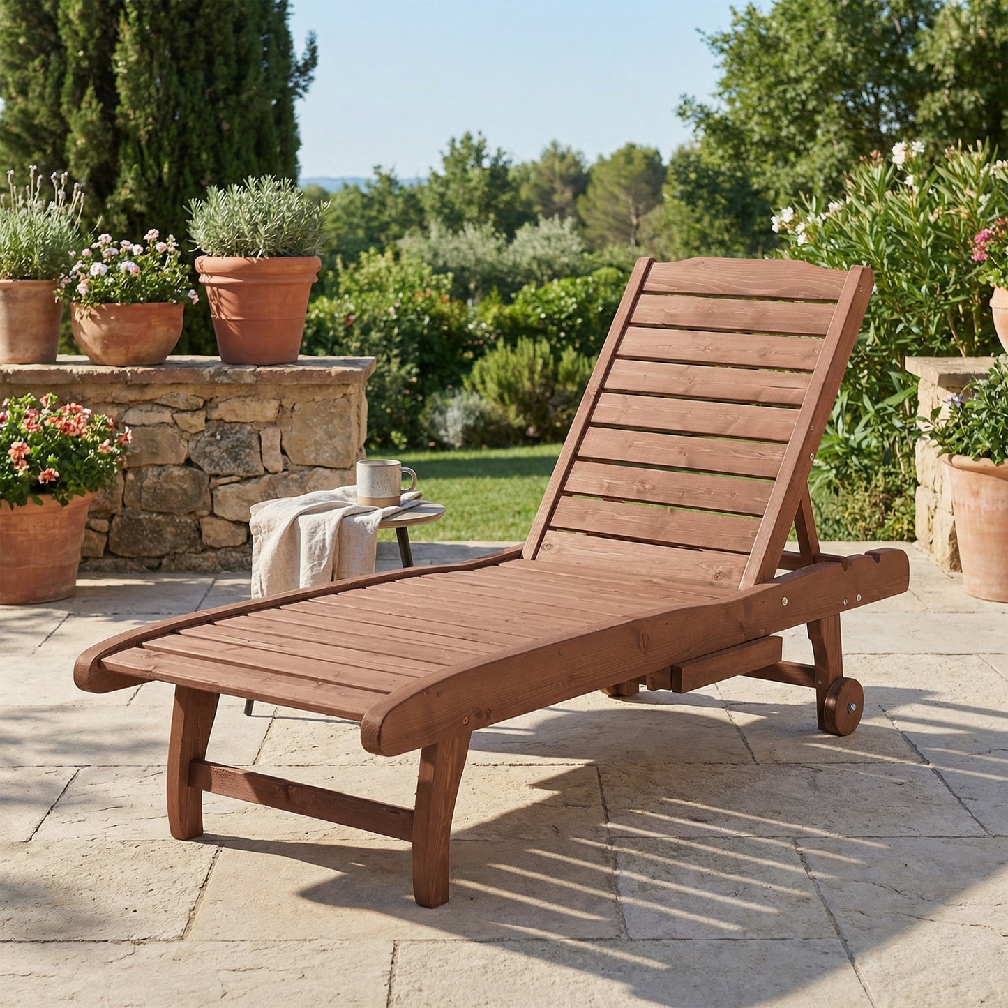 Outsunny Outdoor Wooden Lounger Chair, Sun Bed with Built-In Table, Adjustable Backrest and Wheels, Red Brown