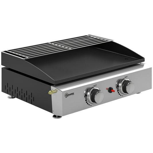 Outsunny 2 Burner Grill Griddle, Portable Gas Plancha with Warming Rack, 5 kW, Tabletop Gas BBQ with Grease Cup, Black