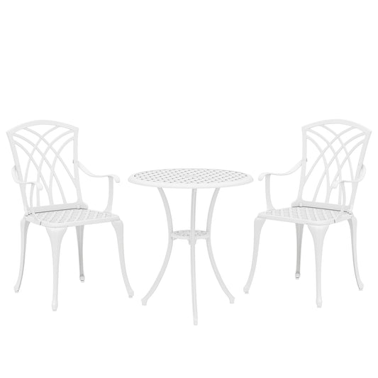 Outsunny 3 Pieces Garden Bistro Set, Cast Aluminium Outdoor Dining Set with 2 Chairs and Round Table with Parasol Hole, White