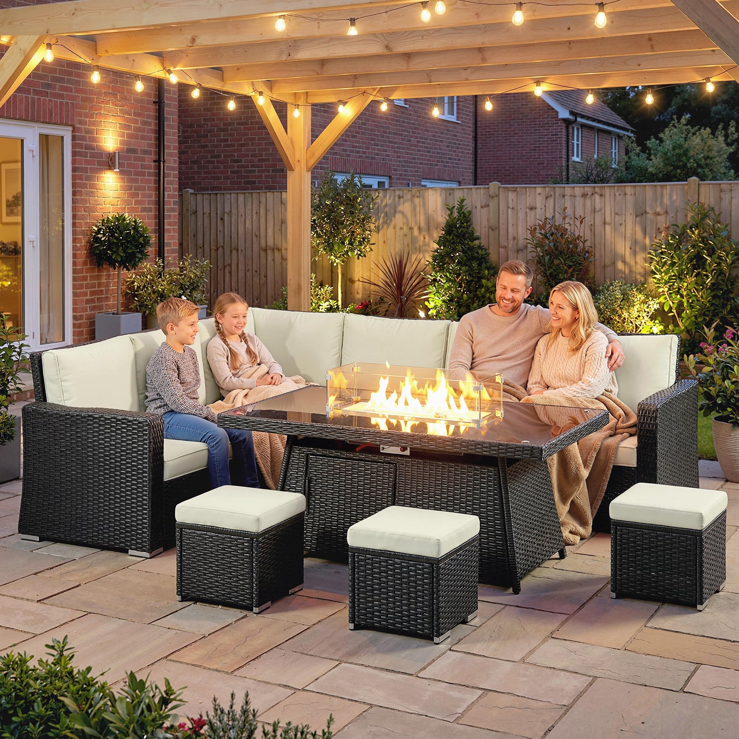 Outsunny 7 Pieces PE Rattan Garden Furniture Set, 50,000 BTU Gas Fire Pit Table, Black