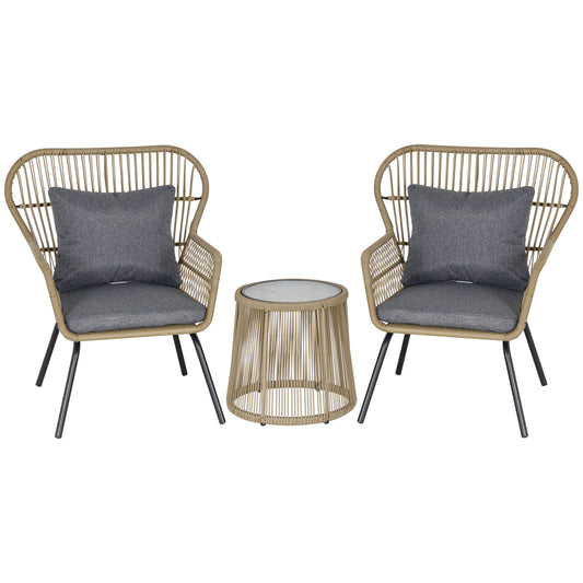 Outsunny 3 Pieces Rattan Bistro Set, Wicker Garden Furniture Set with Cushions, Glass Top Coffee Table and Chairs for Outdoor, Small Garden, Patio, Brown