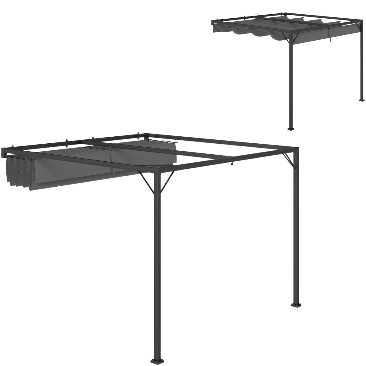 3m x 3m Lean – To Pergola – Grey Retractable Canopy Roof, Wall Mounted Outdoor Patio Shade Shelter