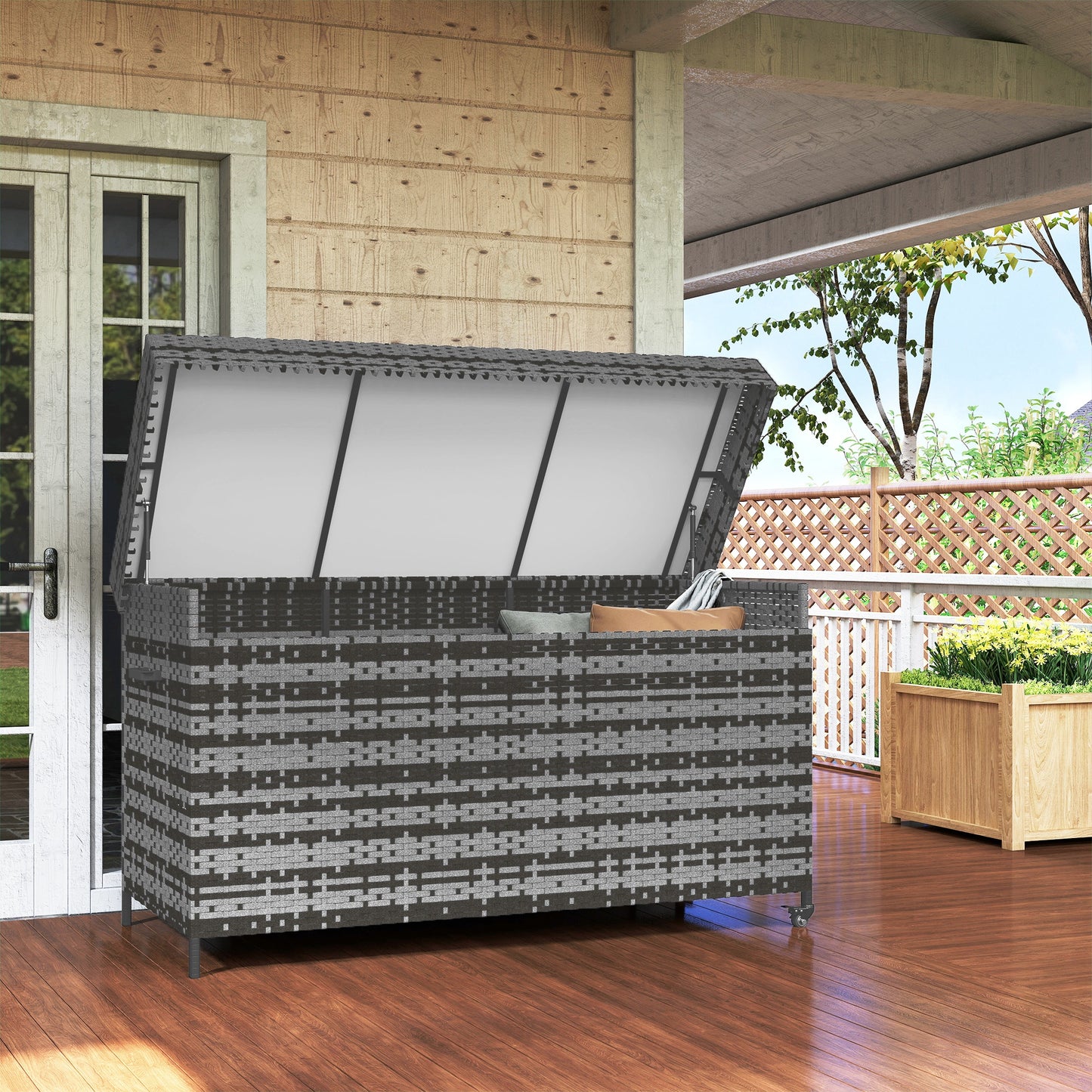 Outsunny - 627L Rattan Garden Storage Box, with Wheels, Dark Grey