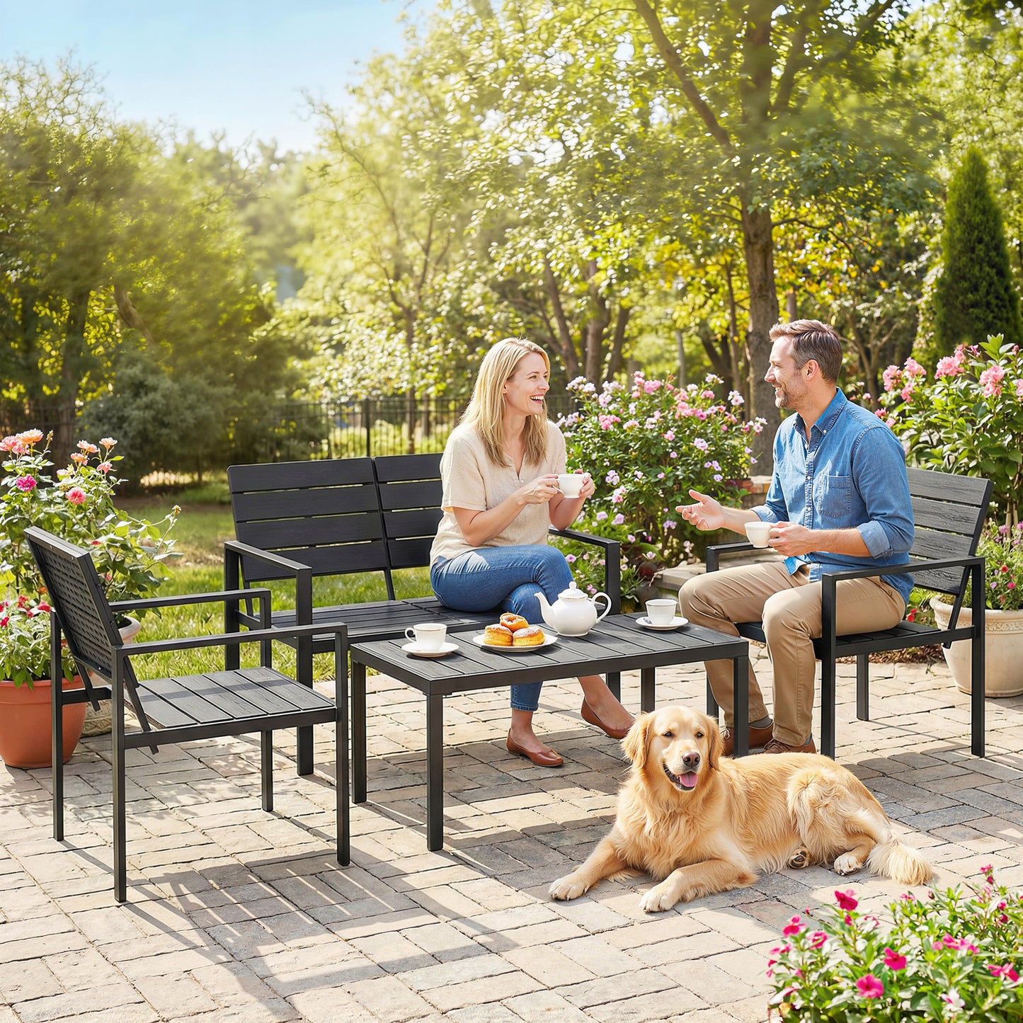 Outsunny 4 Piece Garden Furniture Set, Outdoor Sofa Set with HDPE Slatted Loveseat Armchairs Coffee Table Metal Frame, Black