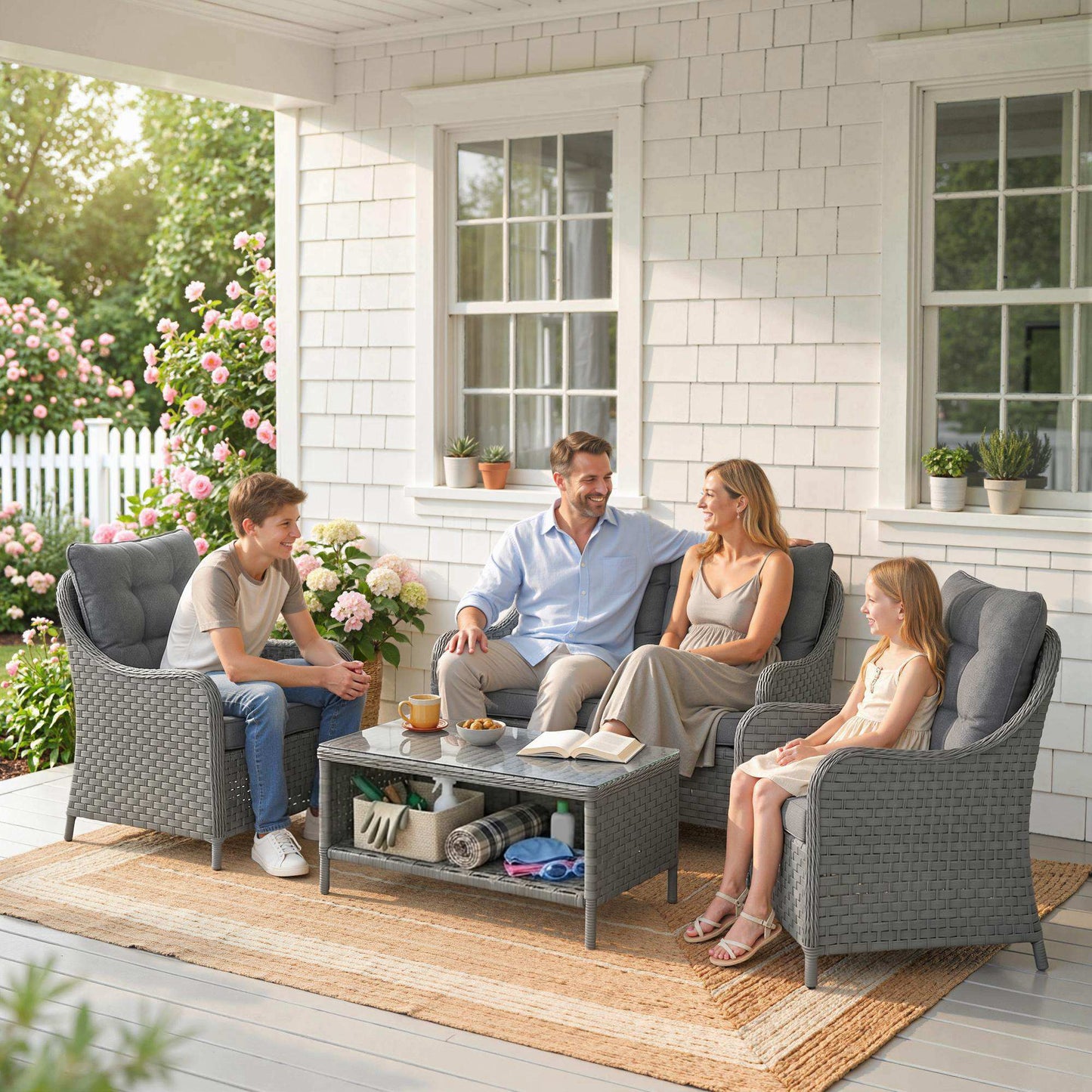Outsunny 4-Piece Wicker Patio Furniture Set with 2 Armchairs, Loveseat, Glass Coffee Table, Conversation Sofa Set, Dark Grey