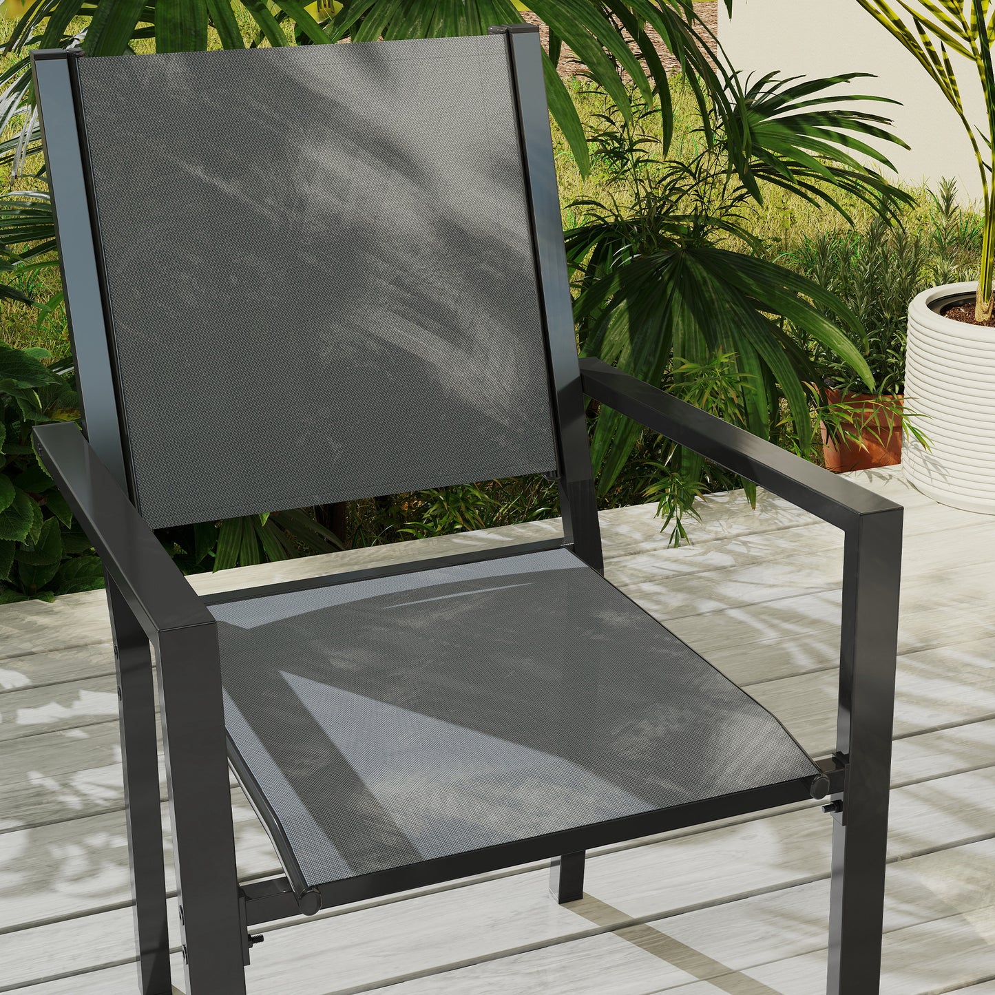 Outsunny 7 Piece Garden Dining Set, Outdoor Furniture Set with 6 Stackable Chairs and 150 cm Rectangle Table, WPC Slatted Top, Rust-Resistant Steel Frame, for Garden, Porch, Terrace