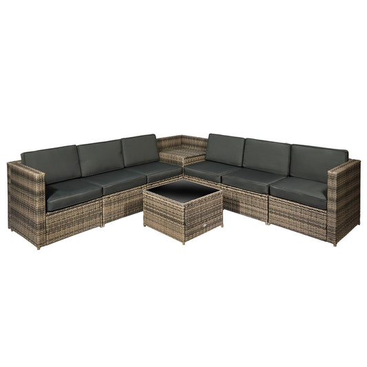 Outsunny 8 Pieces Outdoor PE Rattan Sofa Set with Cushions and Glass Top Coffee Table, Mixed Brown
