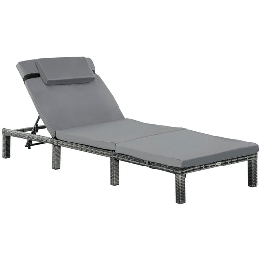 Outsunny Rattan Sun Lounger, 5-Level Adjustable Garden Lounger Recliner with Cushion and Headrest, Outdoor Reclining Sunbed, Steel Frame Garden Chair for Patio, Beach, Terrace, Dark Grey