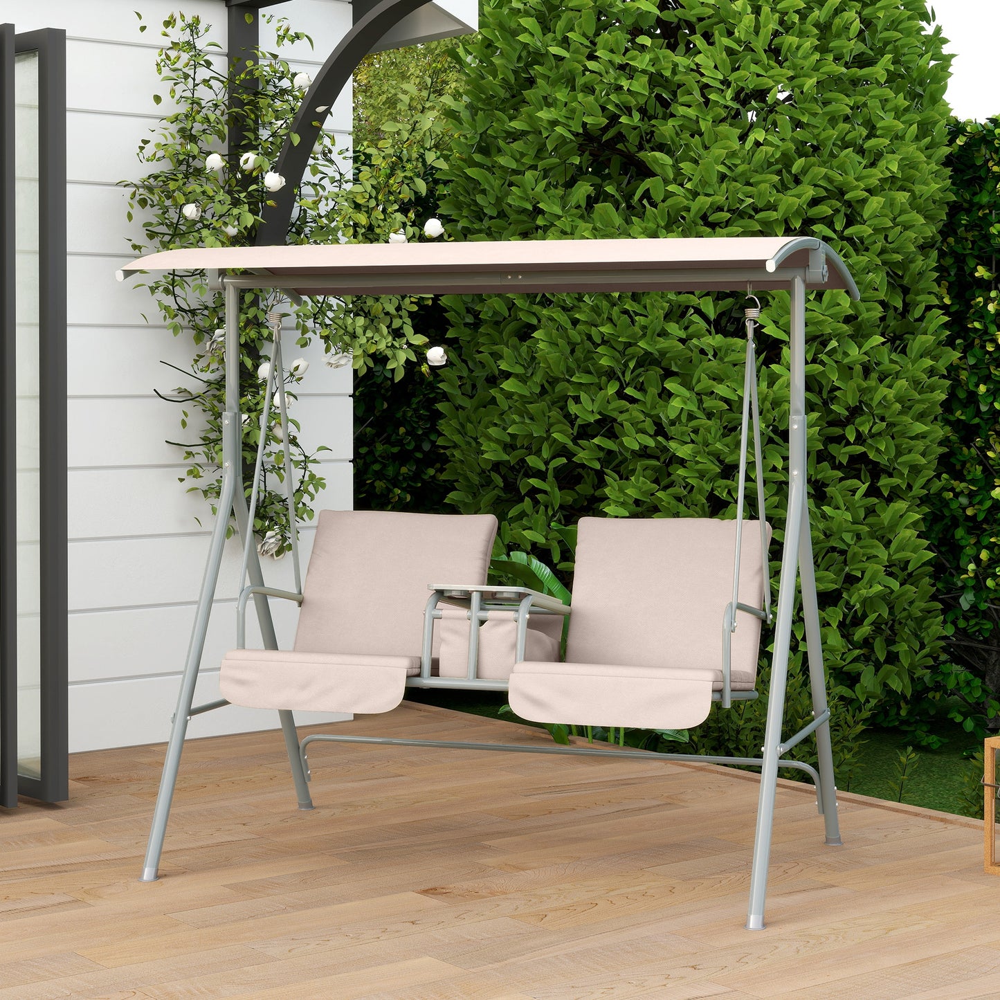Outsunny 2 Seater Garden Swing Chair Patio Rocking Bench w/ Tilting Canopy, Double Padded Seats, Storage Bag and Tray, Beige