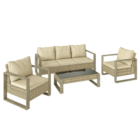 Outsunny Rattan Garden Set, 4 Piece Rattan Garden Furniture Set with 3-Seater Sofa, Armchairs, Table, Aluminium Frame Patio Furniture, Khaki