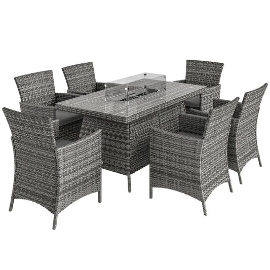 Outsunny 7 Pieces Outdoor Rattan Garden Furniture with Fire Pit Table, 6 Seater Garden Table and Chairs with Cushions, Rattan Dining Set with Propane Heater Table, Windscreen, 50,000 BTU, Grey