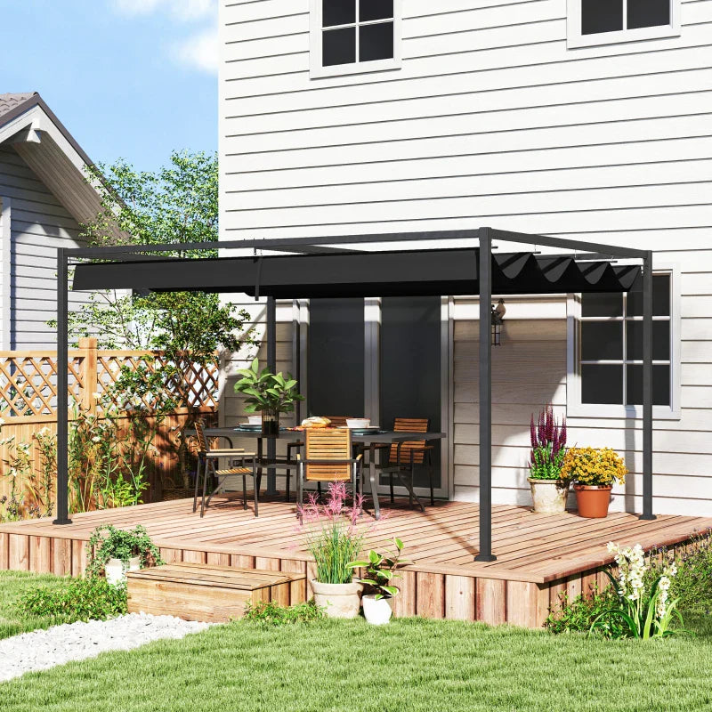 4m x 3m Metal Pergola – Black Retractable Canopy Roof, Outdoor Patio Garden Shade