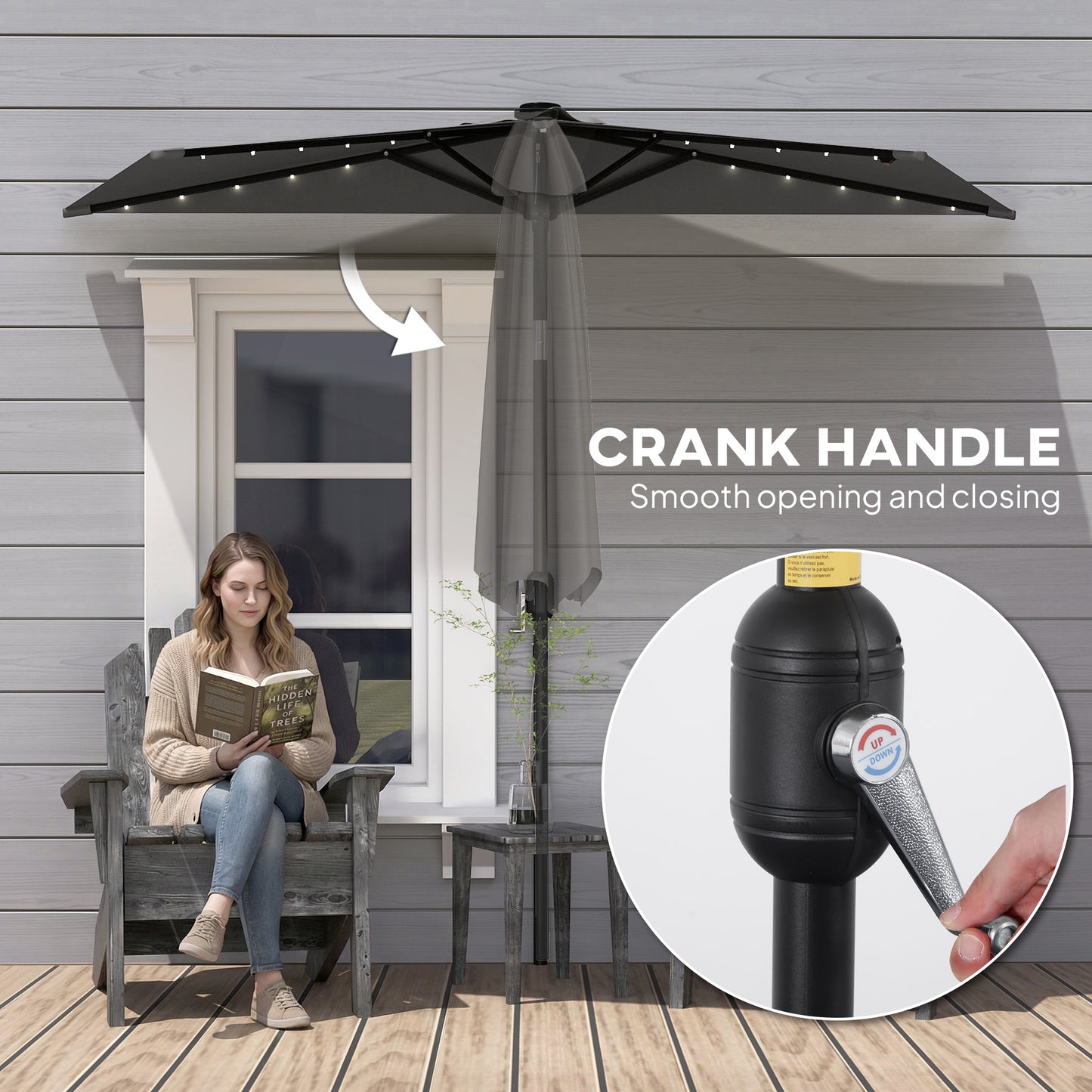 Outsunny 2.6 m Half Garden Parasol with Solar LED Lights, UPF50+ Semi Round Umbrella with 30° Tilt, Crank Handle, Dark Grey