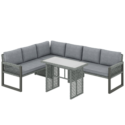Outsunny 6 Seater Rattan Garden Furniture Set with 3 Loveseats, Table, Patio Rattan Corner Sofa Set, Grey