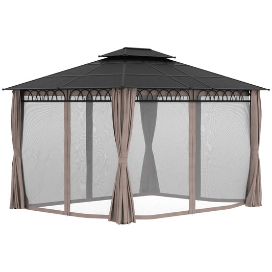 3.6m x 3m Hardtop Garden Gazebo with Twin-Tier Polycarbonate Roof, Privacy Curtains & Insect Mesh Panels