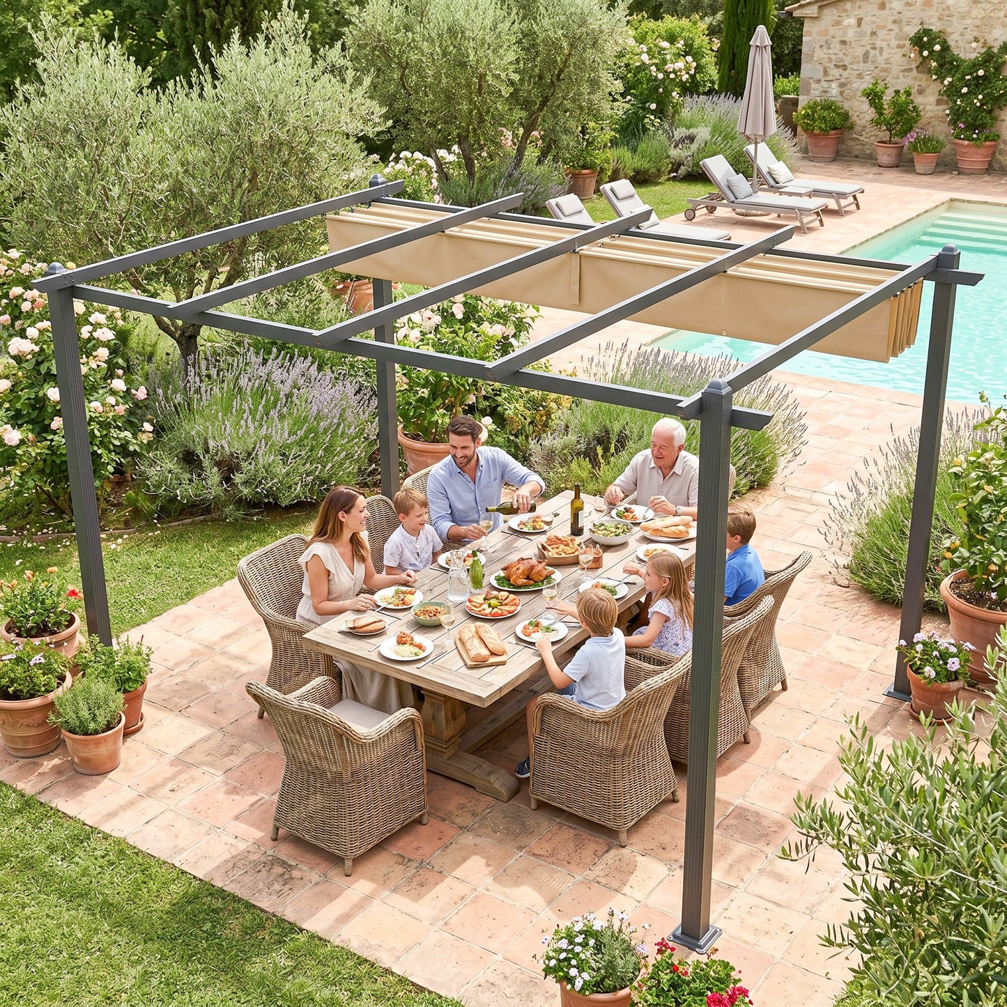 Outsunny 3 x 4m Aluminium Pergola, with Retractable Roof - Khaki
