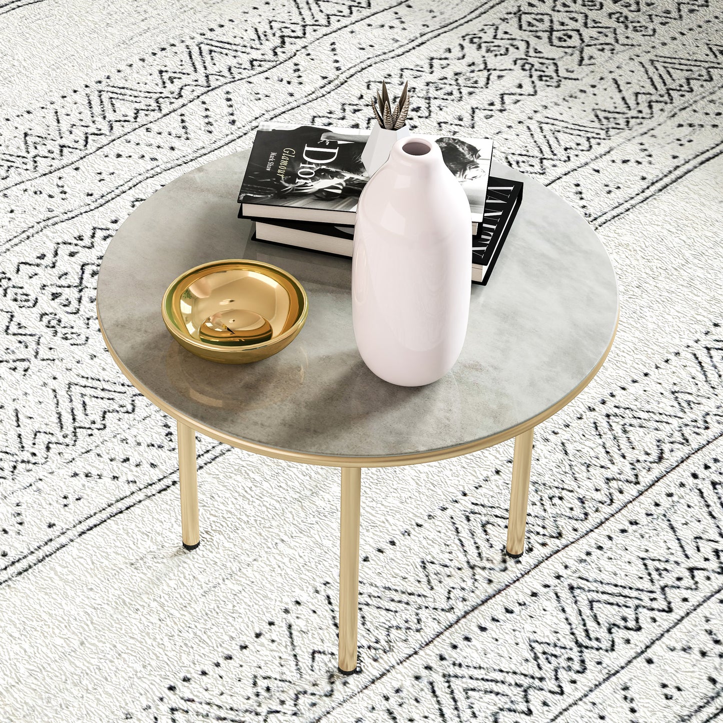 Outsunny Round Coffee Table, Modern End Side Table with Faux Marble Tempered Glass Top, Steel Frame for Living Room, Bedroom, Office, Beige